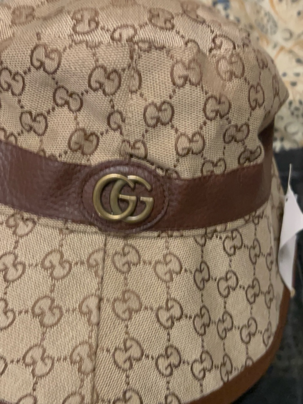 Gucci Beige Canvas GG Monogram Brown Leather Bucket Hat